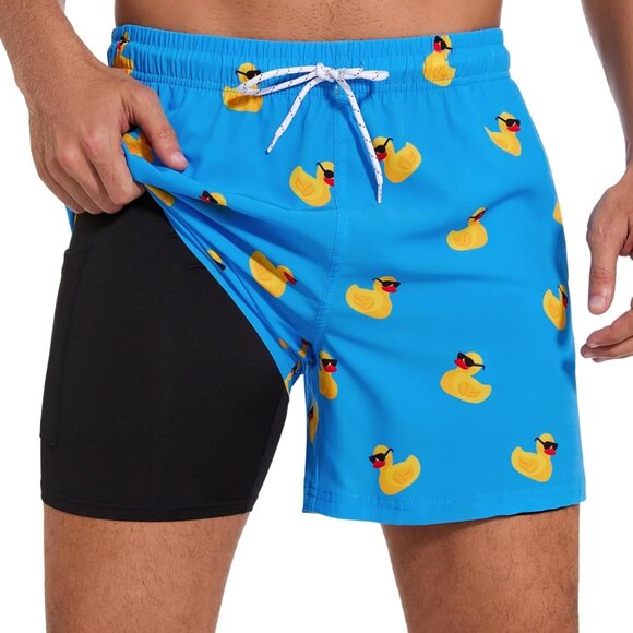Mens Swim Trunks 5.5 inch with Compression Liner Zipper Pockets,Quick Dry Swimsu